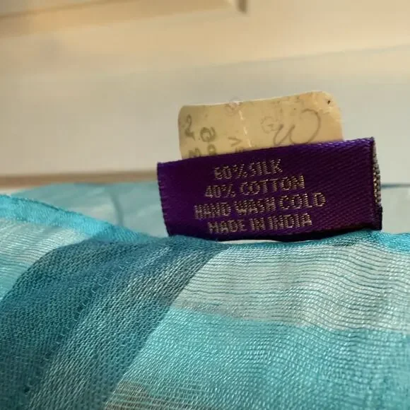 Vintage Handmade Silk Cotton Scarf Shawl Blue Plaid NWT Coastal Grandma - Picture 4 of 5